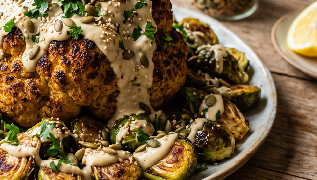 Whole Roasted Cauliflower with Crispy Brussels Sprouts, Lemon Tahini and Toasted Seeds